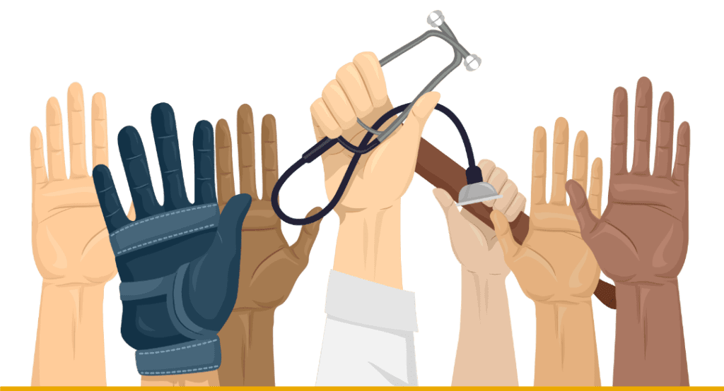 Illustration of raised hands with varying skin tones; one wears a glove, another holds a stethoscope, and others are bare, symbolizing unity and diversity among professionals.
