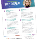 A colorful informational flyer titled "Advocacy Insights: Step Therapy with Kelly Birsa," featuring a photo of a woman. The flyer contains a Q&A about step therapy and patient advocacy, with the Patient Access Collaborative logo at the bottom.