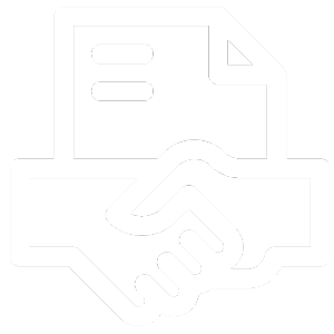 White icon of two hands shaking in front of a document, symbolizing agreement, partnership, or contract. The background is gray and the image has a transparent effect.