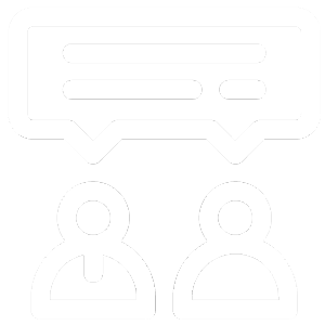 Icon of two people with a chat bubble above them, representing communication or conversation. The design is simple and outlined in white on a gray background.