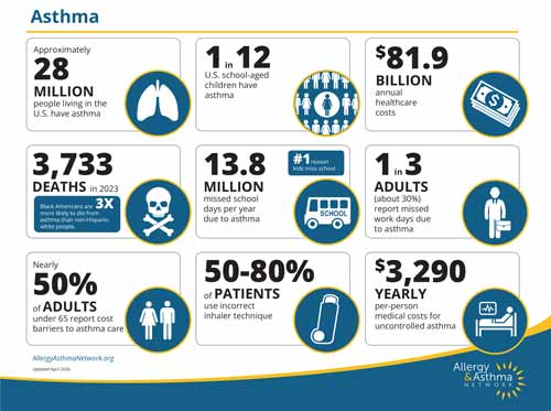 Infographic with asthma facts: 28 million in the US have asthma; 1 in 12 children; $81.9B in healthcare costs; 3,733 deaths in 2023; 13.8M missed school days; 1 in 3 adults poorly manage asthma; costs $3,290 yearly per person.